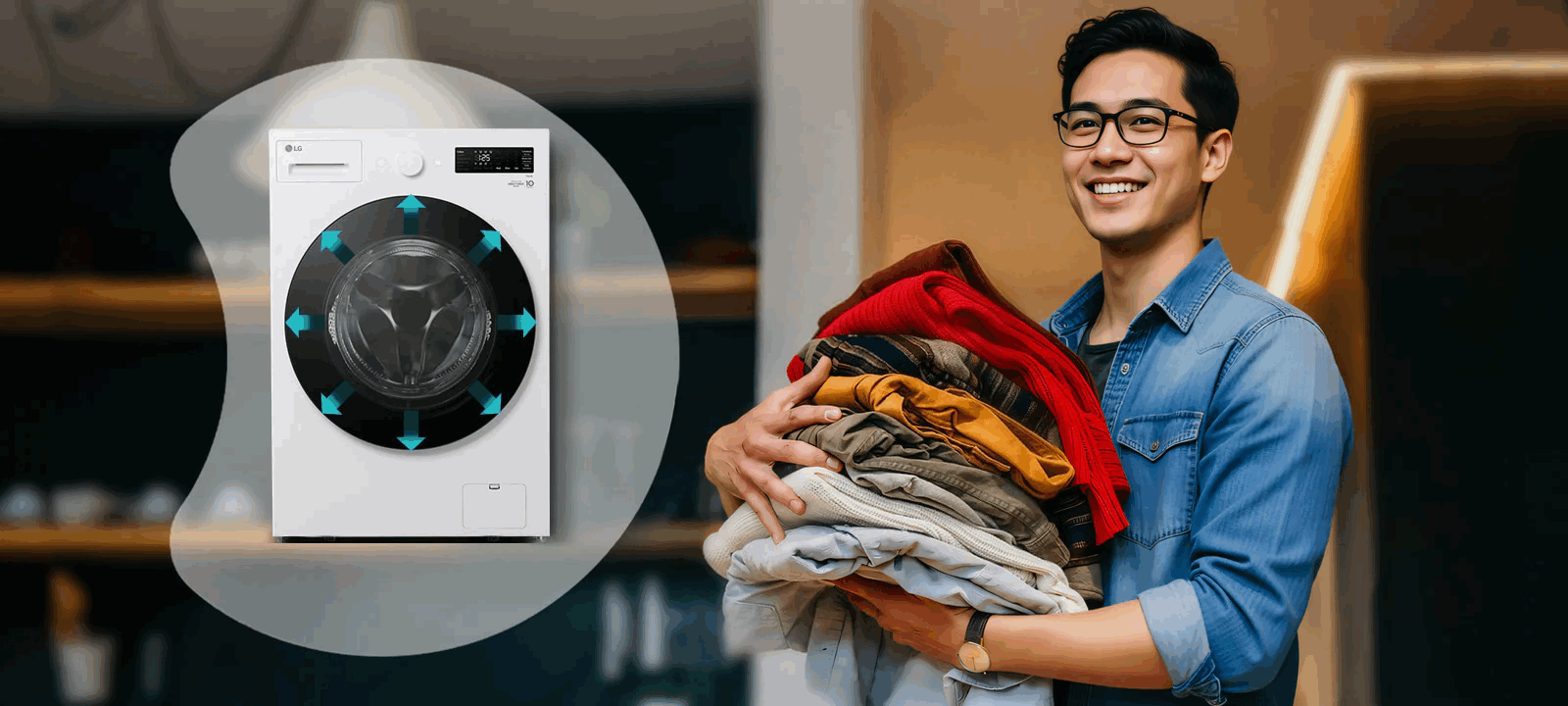 Máy giặt cửa trước LG màu trắng với người đàn ông đang ôm chồng quần áo sạch.